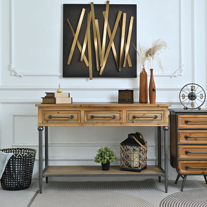 Accent Storage Console Table With Open Shelf And 3 Drawers For Living Room - Natural Wood / Brown Home Essentials