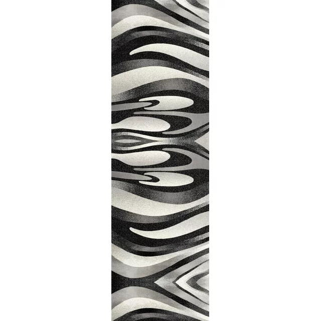 10' Marble Power Loom Runner Rug - Black Gray And White