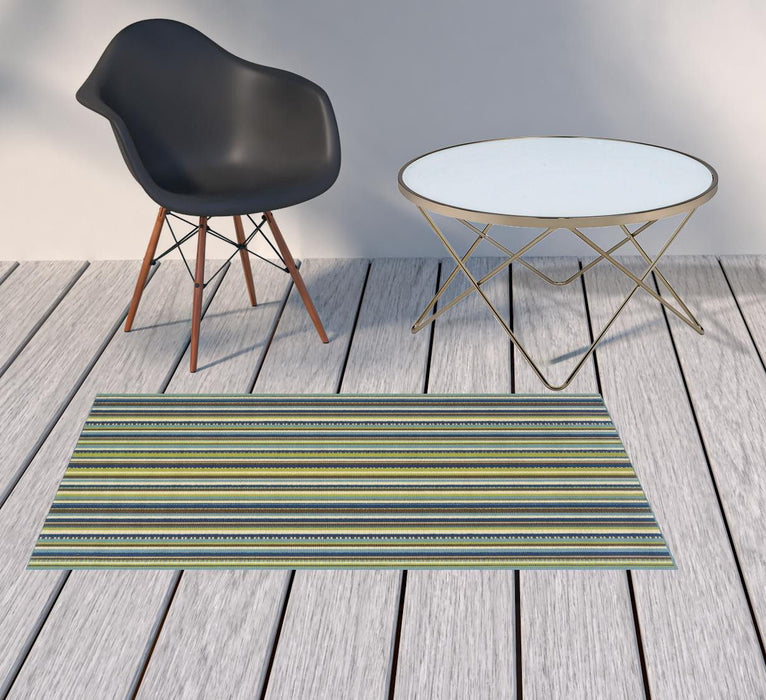 2' X 4' Striped Stain Resistant Outdoor / Indoor Area Rug - Blue / Green