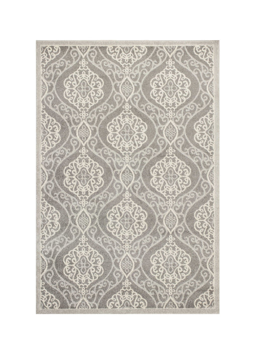 7' X 10' Machine Woven UV Treated Floral Ogee Indoor / Outdoor Area Rug - Silver Gray