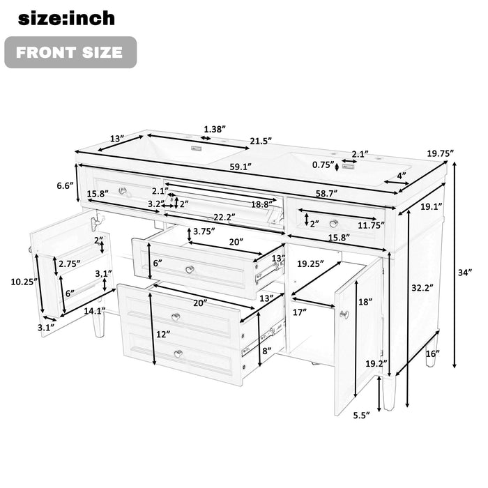 Bathroom Vanity With Double Sink, 3 Drawers, 2 Doors, Adjustable Shelves, Freestanding - White Noble House
