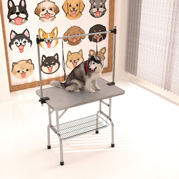Folding Dog Pet Grooming Table Stainless Steel Frame Rubber Mat On Board With Adjustable Arm And Clamps Pet Dog Cat Grooming Table Daily Nest