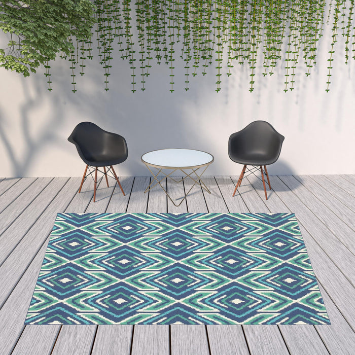 8' X 11' Geometric Stain Resistant Area Rug Indoor & Outdoor - Ivory / Blue