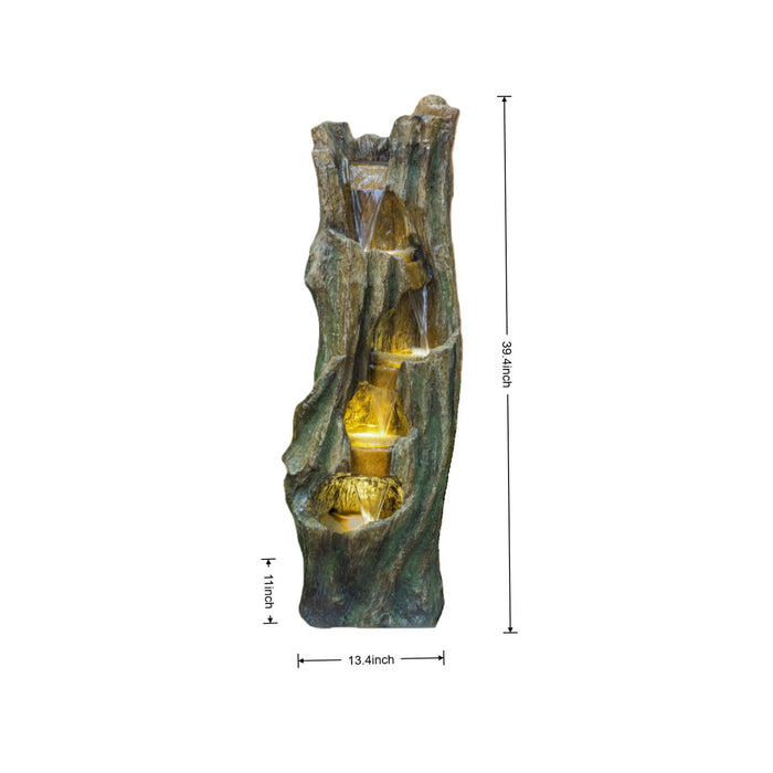 Tree Trunk Cascading Water Fountain, Outdoor LED Lighted - Gray Daily Nest