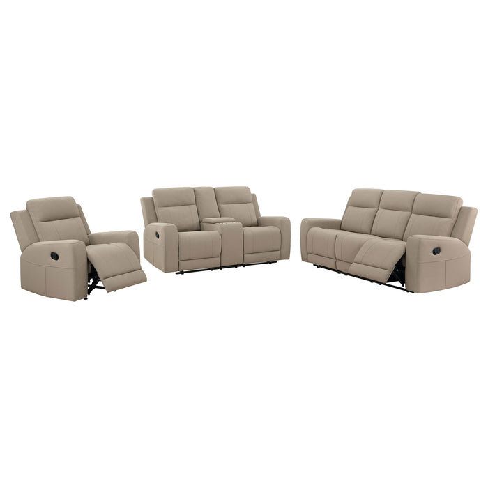 Slater - 3 Piece Upholstered Reclining Sofa Set And Built In Storage - Taupe Furniture Max