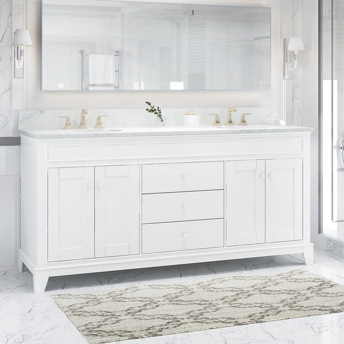 73'' Bathroom Vanity With Marble Top & Double Ceramic Sinks, 4 Doors, 3 Drawers, White