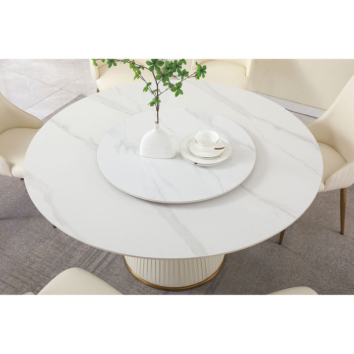 Modern Sintered Stone Dining Table With Turntable And Wood Metal Pedestal With 4 Chairs - Beige / White