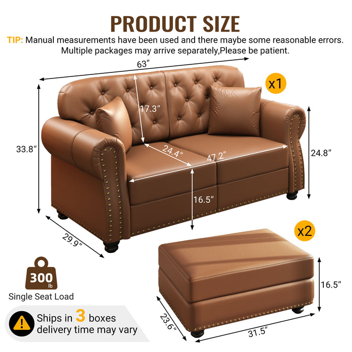 Upholstered Sofa With Nailhead Trim, Rolled Armrests With Ottoman Home Essentials