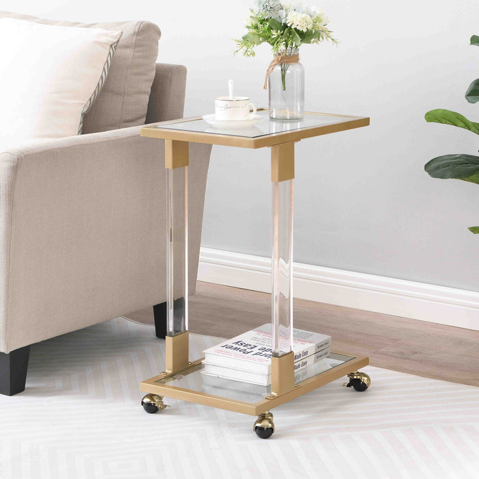 Glass Top C Shape Square Table With Metal Base For Living Room
