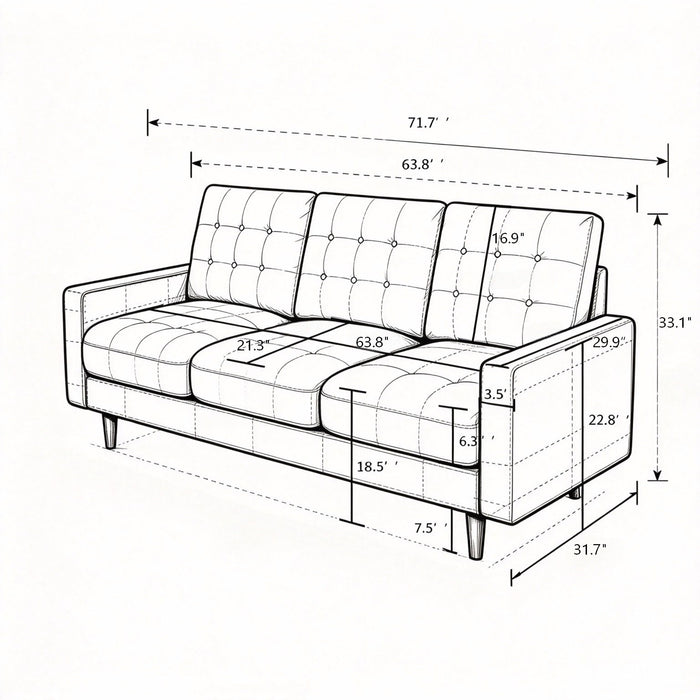3 Seat Sofa Couch With Tufted Back Upholstered Couch For Living Room US Pride