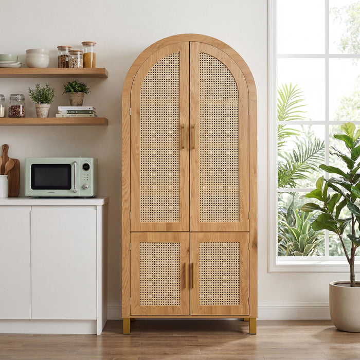Tall Arched Cabinet With Rattan Doors & Adjustable Shelves Home Essentials