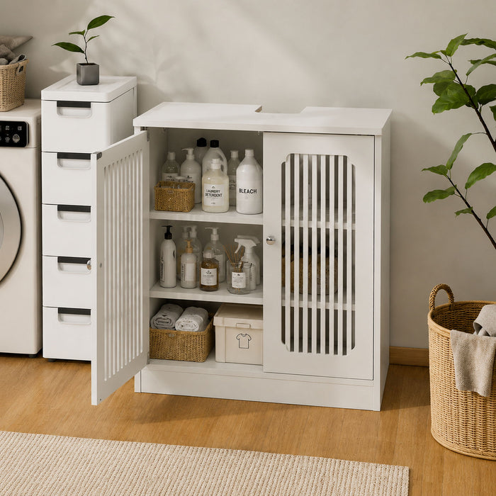 Louvered Double Door Floor Standing Bathroom Vanity Cabinet With Adjustable Shelf - White Home Essentials