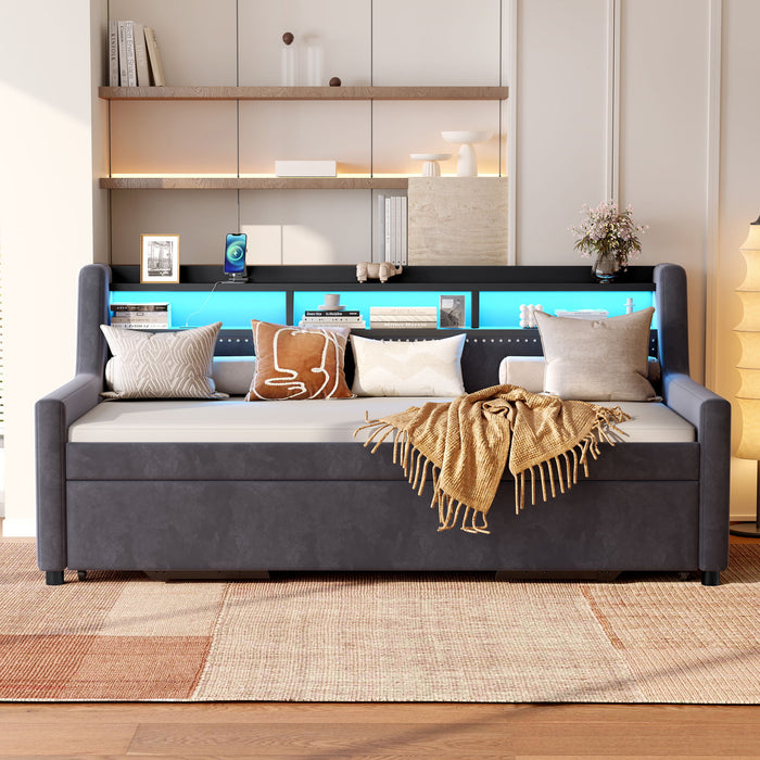 Twin Size Daybed With Trundle With LED Light ＆ Charging Station - Dark Gray Home Essentials