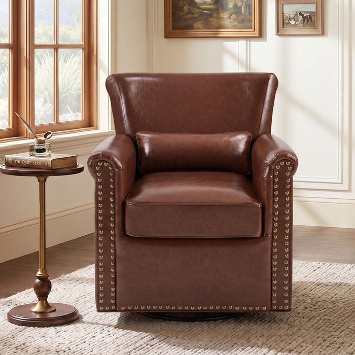 Swivel Accent Chair With Rolled Arm, Sewn Pillow Back, Nailhead Trim For Living Room Noble House