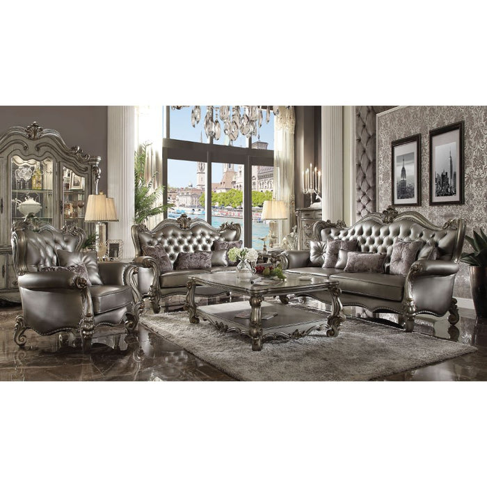 Versailles - Loveseat With 4 Pillows - Silver Synthetic Leather & Antique Platinum ACME