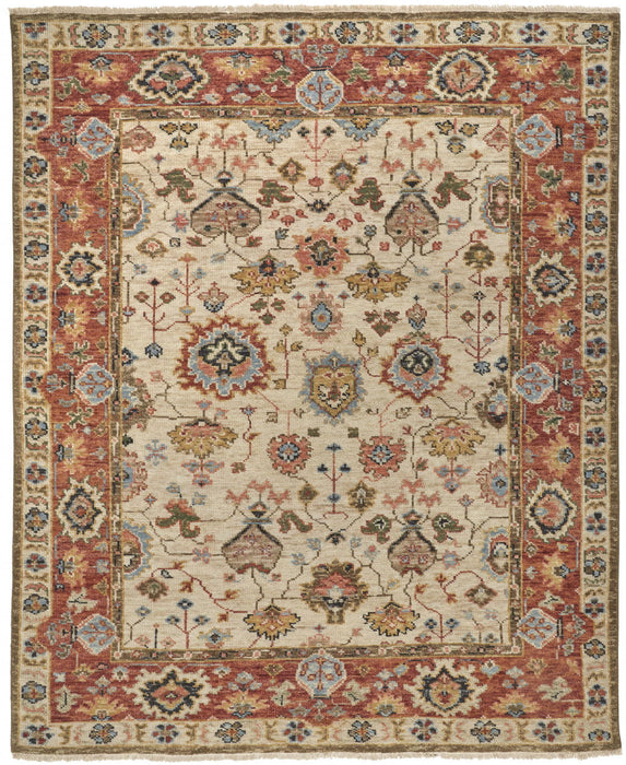 Floral Hand Knotted Stain Resistant Area Rug - Ivory Red And Blue Wool - 8' X 10'