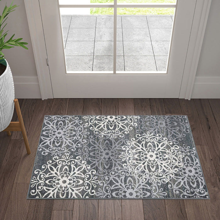 2' x 3' Medallion Power Loom Stain Resistant Area Rug - Slate And Gray