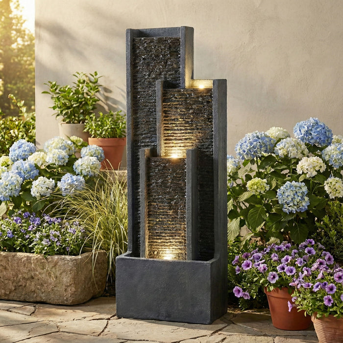 Outdoor Water Fountain With Cascading Waterfall And LED Lighting - Black Patioseek