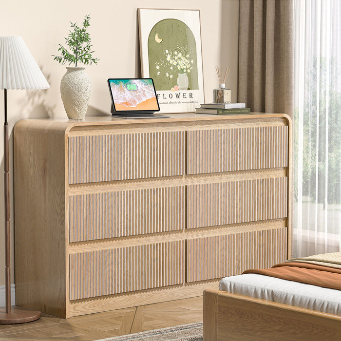 6 Drawer Dresser With Fluted Panel For Bedroom - Beige / Natural Hearth and Haven