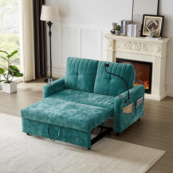 Modern Loveseat Pull Out Sofa Bed With Adjustable Backrest, Two Cup Holders, A Phone Holder, Three Charging Ports And Side Storage Pockets For Living Room