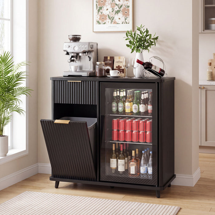 Fluted Coffee Bar Cabinet With Mini Fridge Space & Charging Station Home Essentials
