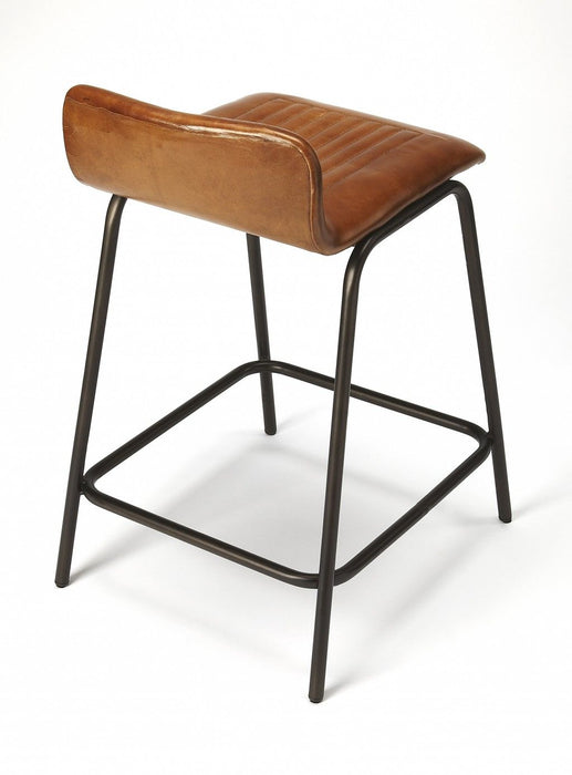 Leather And Metal Counter Stool - Brown