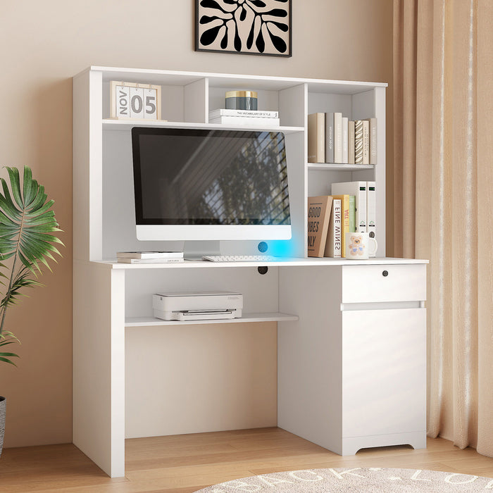 Computer Desk With Hutch & Bookshelf, Wood Executive Desk Teens Student Desk Writing Laptop Home Office Desk With Drawers, 3 Ac Outlets And 2 USB Charging Ports, Study Laptop Table For Home - White Home Essentials