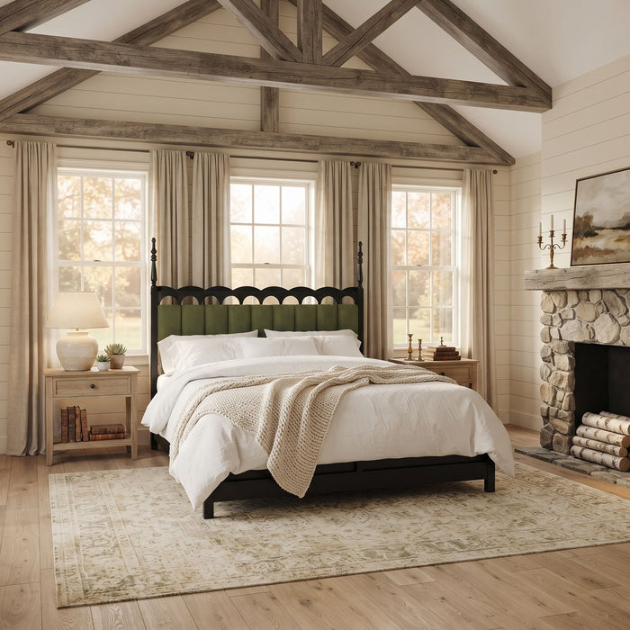 Platform Bed Frame With Tufted Upholstered Scallop Headboard Noble House