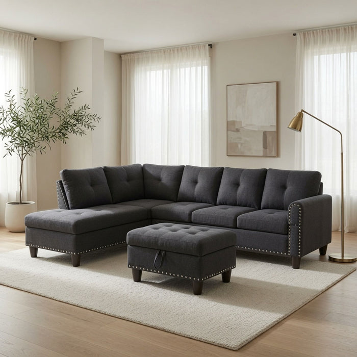 L - Shaped 3 Piece Sectional Sofa With Chaise, Storage Ottoman & Cup Holders Home Essentials