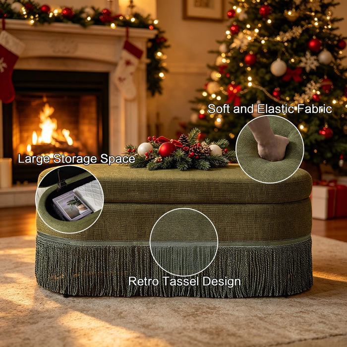 Oval Upholstered Storage Ottoman With Fringe Trim & Lift Top Lid Home Essentials