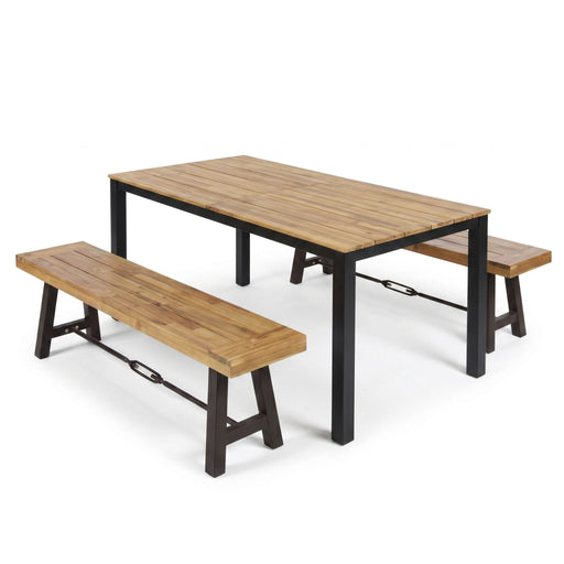 3 Piece Outdoor Dining Set, Rectangular Patio Table & 2 Benches - Black / Teak Noble House