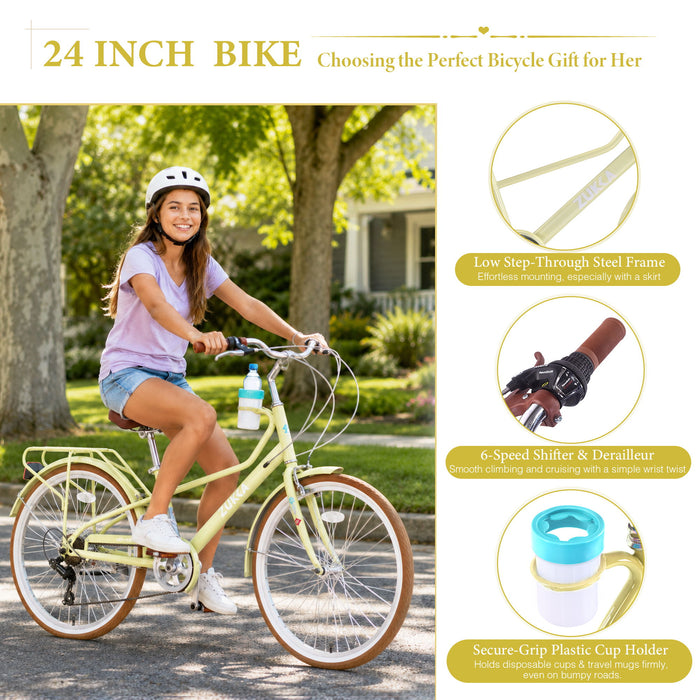 24" Cruiser Bike With 6 Speed Gear System, Rear Rack & Cup Holder Daily Nest
