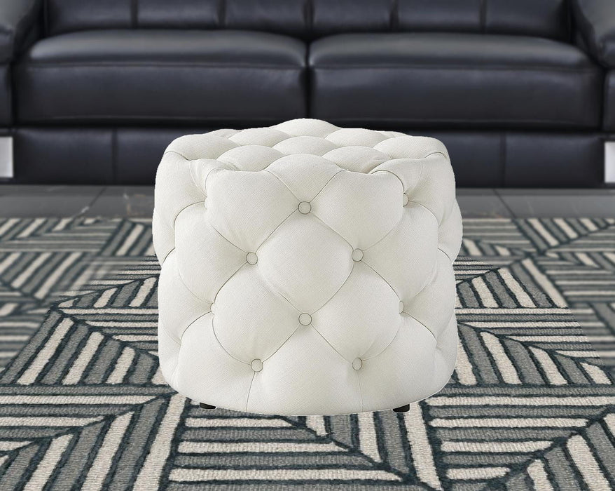 Linen Tufted Round Ottoman - White