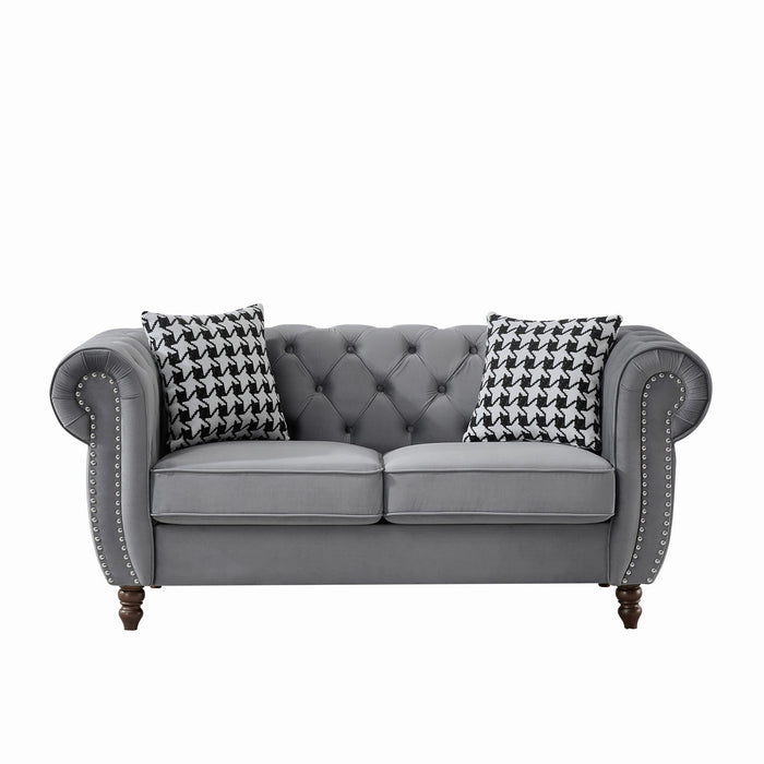 Chesterfield Velvet Upholstery Fabric Loveseat With Roll Armrest And Nailhead