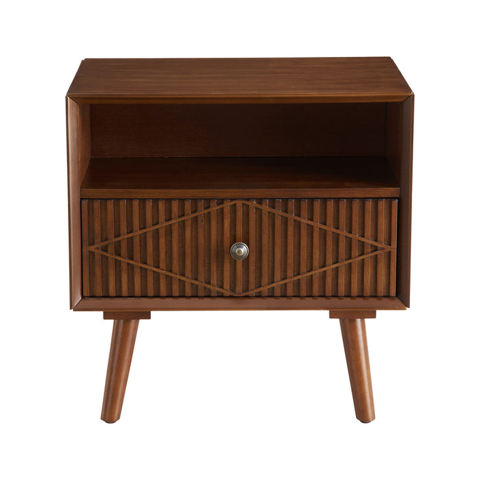 Nightstand With Carved Geometric Drawer Front, 1 Drawer And Open Shelf, Bedside Table For Bedroom - Walnut Home Essentials
