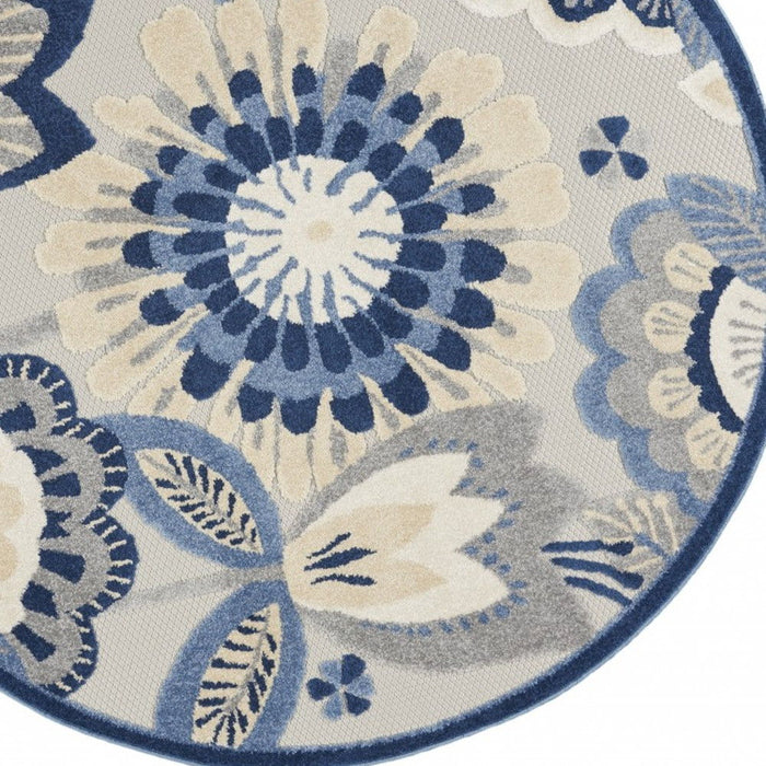 4' Round Round Floral Outdoor / Indoor Area Rug - Blue / Gray