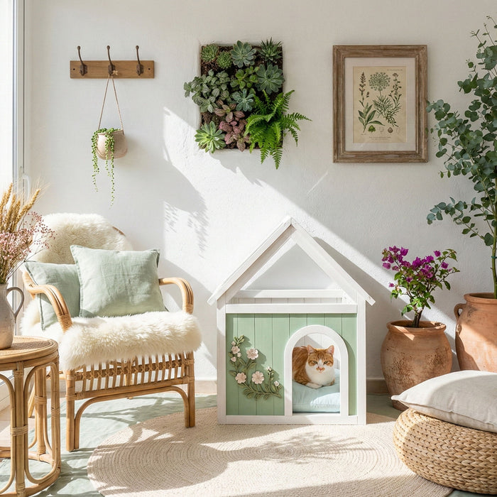 Indoor Cat House With Clear Roof Pet House For Small Cats & Dogs - Mint / White Daily Nest