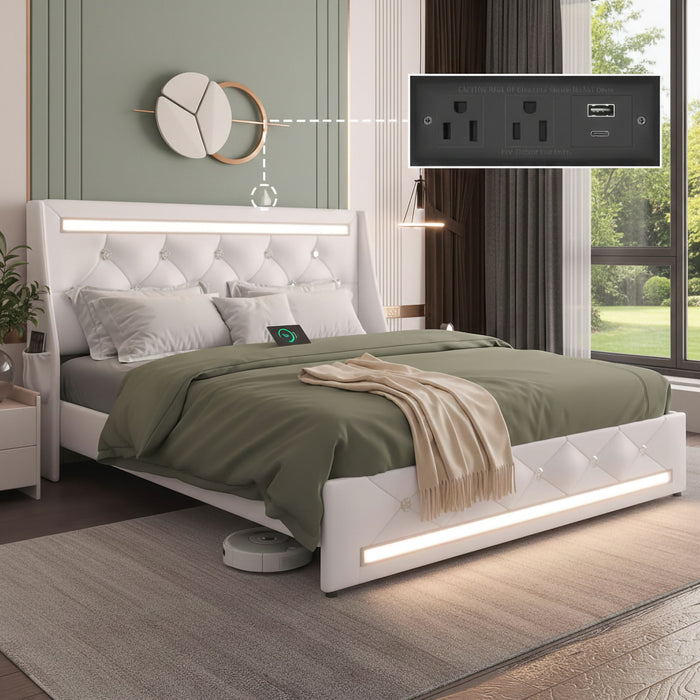 Wingback Upholstered Bed Frame With LED Lights, Charging Station Home Essentials