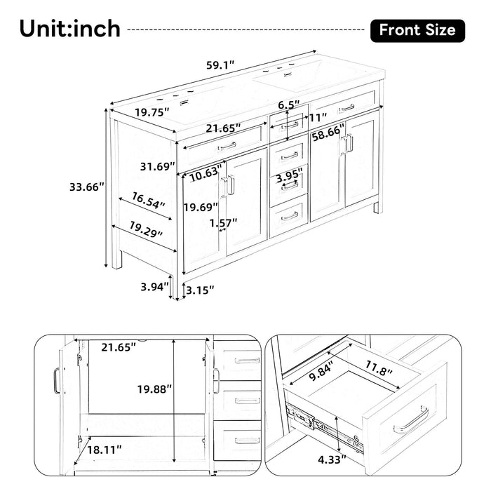 59.1" Minimalist Double Sink Bathroom Vanity With Top, Soft Close Doors & Drawers - White Noble House