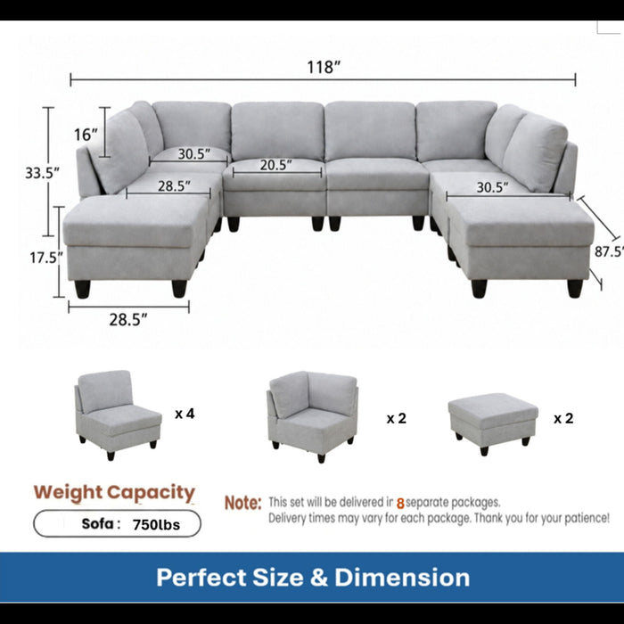 8 Piece Modular U - Shape Sectional Sofa Home Essentials