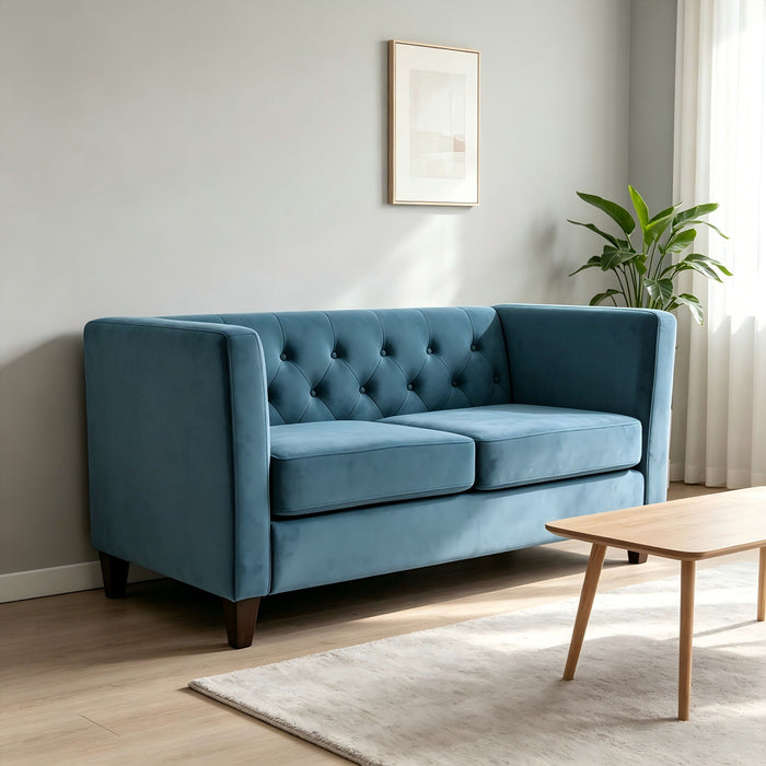 Button Tufted Loveseat, Upholstered 2 Seater With Square Arm For Living Room - Navy Blue US Pride