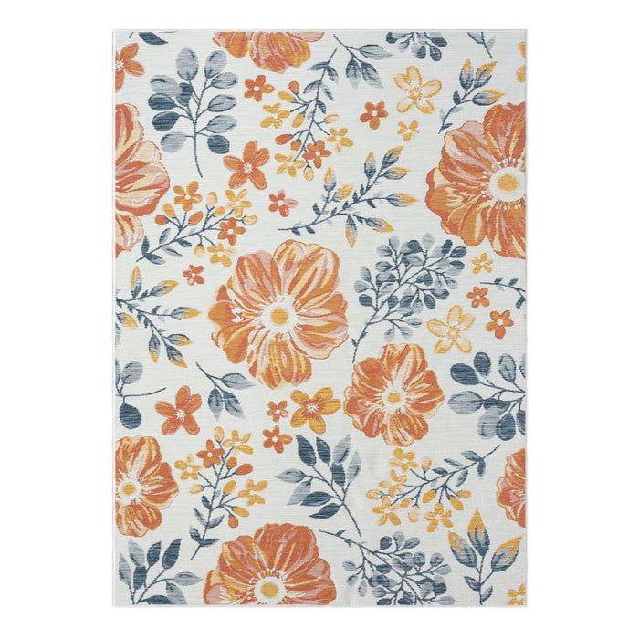 5' X 7' Floral Stain Resistant Indoor / Outdoor Area Rug - Ivory Orange / Blue