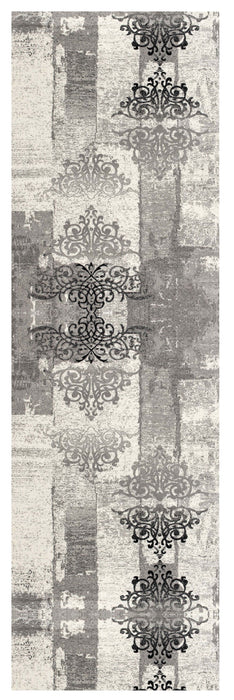 8' Damask Power Loom Runner Rug - Gray And Ivory