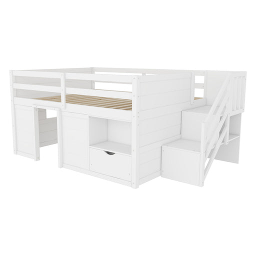 Low Loft Bed Frame With Built In Stairs, Storage Drawer, Shelf And 7 Color LED Light Home Essentials