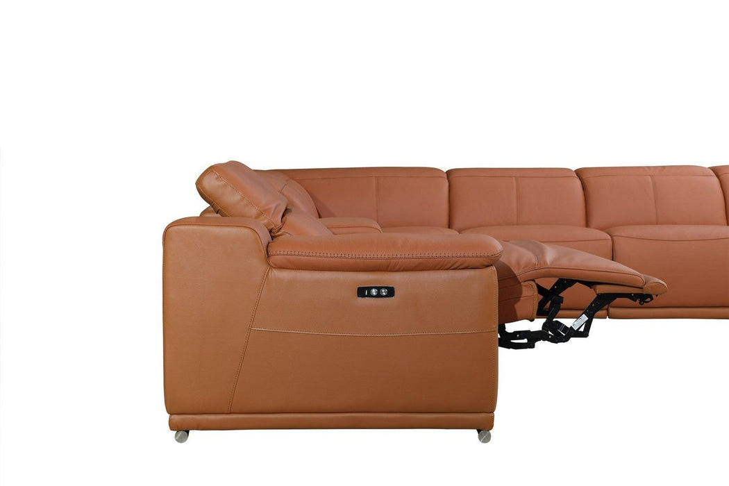 Power Reclining Italian Leather U Shaped Eight Piece Corner Sectional With Console - Camel