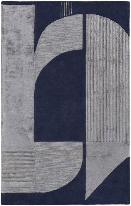 Geometric Tufted Handmade Area Rug - Blue And Silver Wool - 12' X 15'