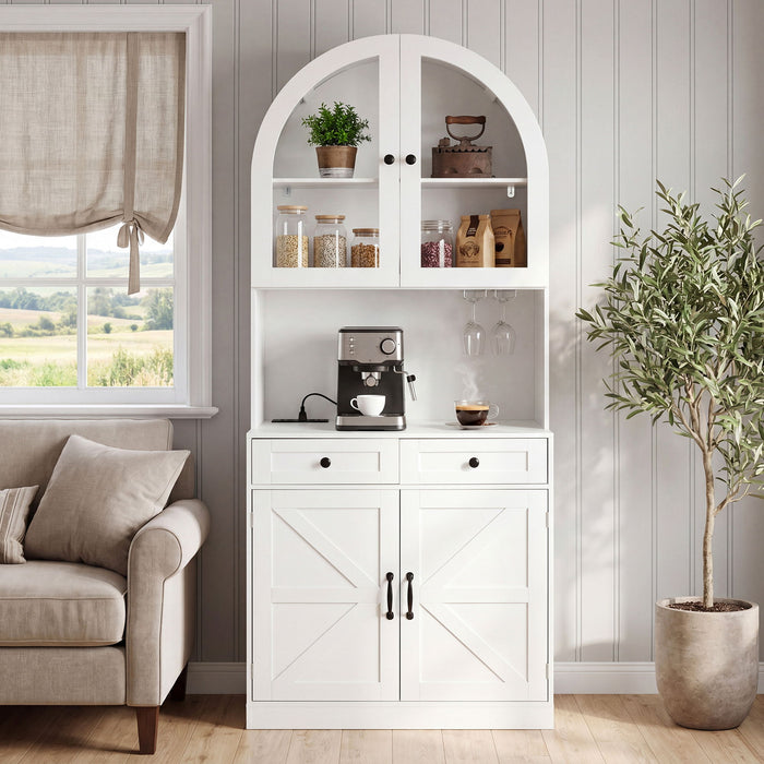 Tall Arched Pantry Cabinet With Charging Station, Adjustable Shelves, Coffee Bar Home Essentials