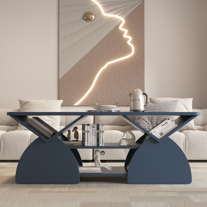Geometric Engineered Coffee Table With Rounded Corners With Open Shelves Home Essentials