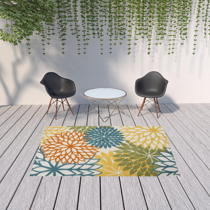 6' X 9' Floral Non Skid Indoor / Outdoor Area Rug - Turquoise