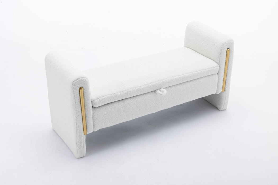 Teddy Fabric Storage Bench Bedroom Bench With Gold Metal Trim Strip For Living Room Bedroom Indoor, Ivory